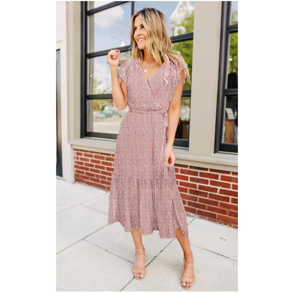 Women’s Dresses Short Sleeve Wrap V Neck Floral Printed Midi Dress with Belt M